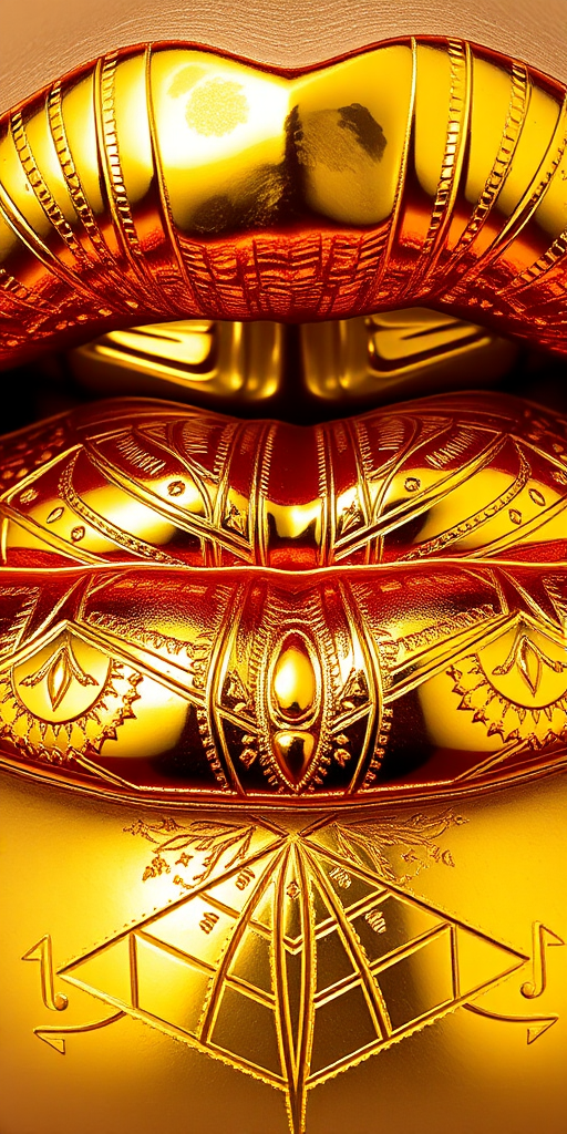 Glamorous metallic gold lips with a high-shine finish, featuring intricate Art Deco-inspired patterns etched into the surface for added texture and dimension