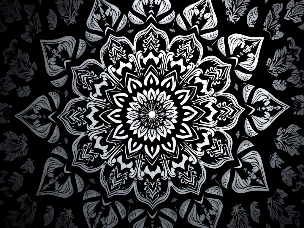 Create a highly detailed mandala design with intricate floral patterns in black and white, using a Canon EOS 5D Mark IV with a 50mm f/1.4 lens, aperture set to f/8, ISO 100, and a slight overexposure for a crisp and vibrant look.