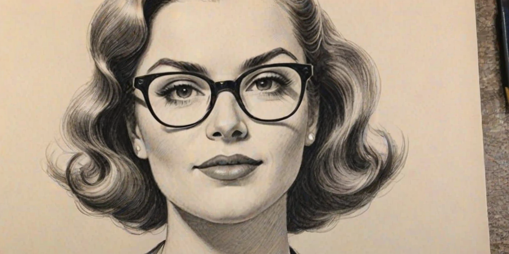 Pleasing Afton Williamson, pencil sketch, portrait of Lovely woman 1950s in glasses, hair style beatnik, outline, clear lines, fine lines, 8k