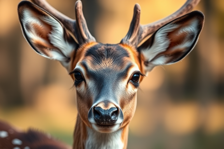 Capture a close-up portrait of a deer in soft focus background, using a DSLR camera with a 85mm lens, aperture set to f/1.8, ISO 200, shutter speed 1/200s, natural lighting for enhanced detail and clarity.