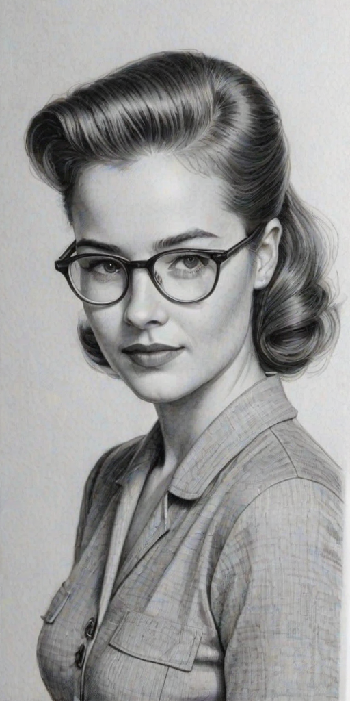 Splendid Willa Fitzgerald, pencil sketch, portrait of Comely woman 1940s in glasses, hair style beatnik, outline, clear lines, fine lines, 8k