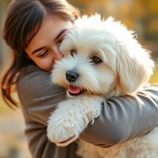 Create a warm and playful scene of a person hugging a fluffy white dog, using a soft focus lens with a focal length of 50mm, aperture set to f/2.8, in natural light, with a slightly elevated angle to capture the joy of the moment.
