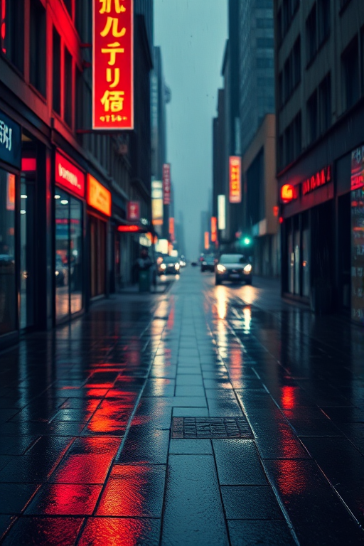 Sharp, high-resolution photo of a rain-soaked city street at night, soft reflections of neon signs glistening on the wet pavement, distant cars passing by, the sound of raindrops tapping against windows, a sense of quiet city life captured.