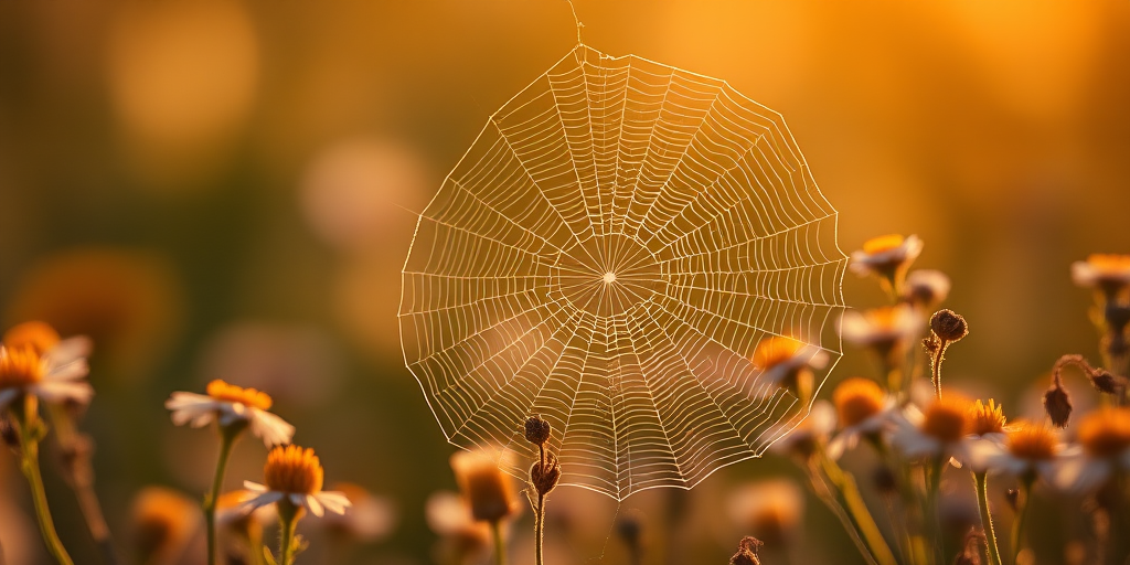 capture an intricate spider web nestled among delicate wildflowers, shallow depth of field, soft bokeh background, golden hour lighting, aperture f/2.8, shutter speed 1/250 sec, ISO 100, macro lens, DSLR camera