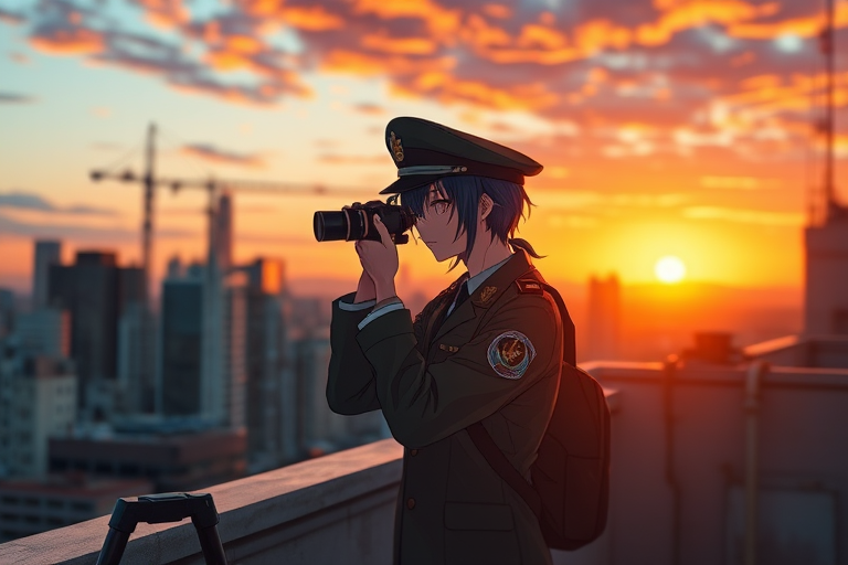 realistic anime character in military attire on a city rooftop at sunset, using a telescope, 50mm lens, f/1.8 aperture, ISO 100, shallow depth of field, vibrant colors, cinematic lighting, high dynamic range photography, DSLR camera