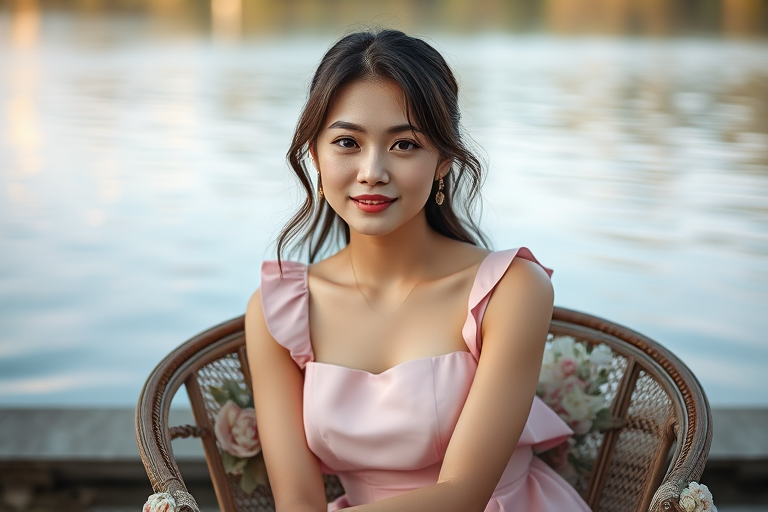 Portrait of a young woman in a pink dress sitting in a floral-decorated chair by a serene waterbody, soft natural lighting, aperture f/2.8, ISO 100, shutter speed 1/200s, 50mm lens, DSLR camera for enhanced depth of field and sharpness.