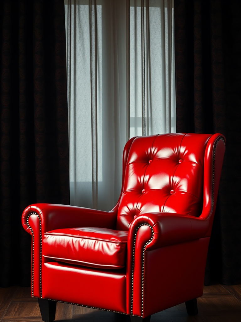 create a glossy red leather armchair in a dimly lit room with textured dark curtains and a rich patterned backdrop, using a DSLR camera with a 50mm lens, aperture set to f/2.8, ISO 100, shallow depth of field, and soft diffuse lighting to enhance detail and depth.