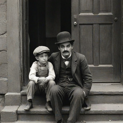 A black-and-white photograph of a man and a child sitting on steps in front of a doorway. The man is dressed as a tramp with a bowler hat, mustache, and ragged clothes, reminiscent of Charlie Chaplin's iconic look. He is sitting with his arms crossed and an expression of slight sadness or frustration. Next to him is a young boy, also in worn clothes and a cap, sitting with his hands clasped, looking thoughtful. The background is an old, textured wall and a partially open door, creating a vintage, early 20th-century atmosphere.