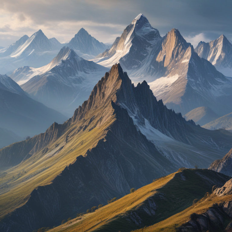 Majestic Mountain Range Under Dramatic Sky with Snow-Capped Peaks and ...