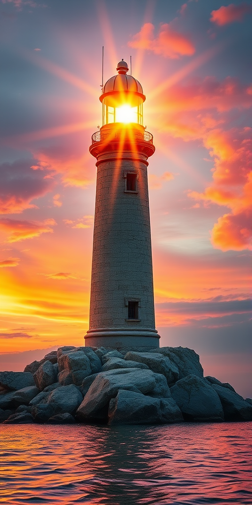 Generate an image of a tall lighthouse perched on a rocky outcrop surrounded by calm ocean waters during a breathtaking sunset. The lighthouse stands sturdy and weathered, its stone surface illuminated by the warm golden light of the setting sun. The sun's rays pass directly through the glass lantern room at the top of the lighthouse, casting a brilliant light across the scene. The sky is painted with vibrant shades of orange, pink, and purple, reflecting off the tranquil sea. The surrounding water shimmers with the same warm hues, creating a serene and majestic atmosphere.