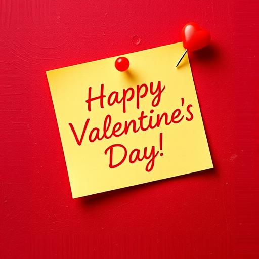 Create an image of a yellow sticky note with the text "Happy Valentine's Day" in red cursive font, pinned with a red pushpin on a textured dark red background, using a DSLR camera with a 50mm lens, aperture f/2.8, ISO 100, and a soft focus effect for an artistic touch.