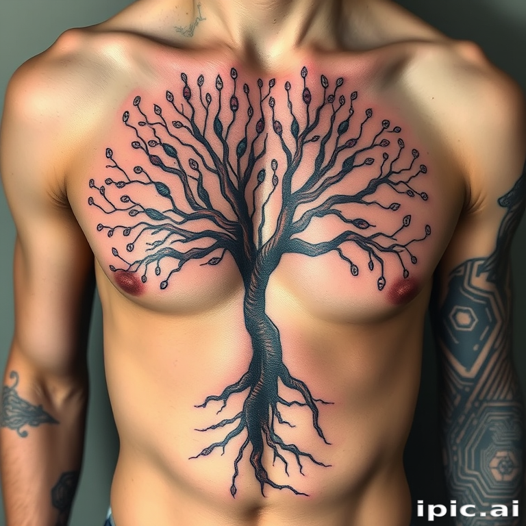 Surrealist tattoo combining elements of nature and technology on the ribcage, featuring a tree with circuit board branches and digital leaves in muted earth tones