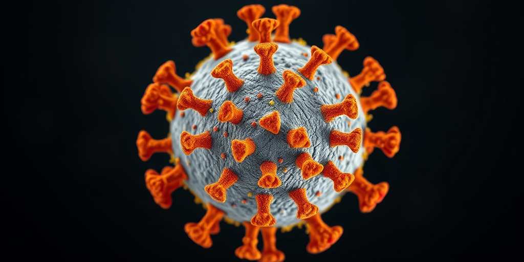 Create a high-resolution digital illustration of a virus particle with a textured surface, featuring vibrant orange and yellow spike proteins against a dark background, shot with a DSLR camera at f/8 aperture, ISO 100, 50mm lens, top-down view, using macro photography techniques to enhance the details and saturation.