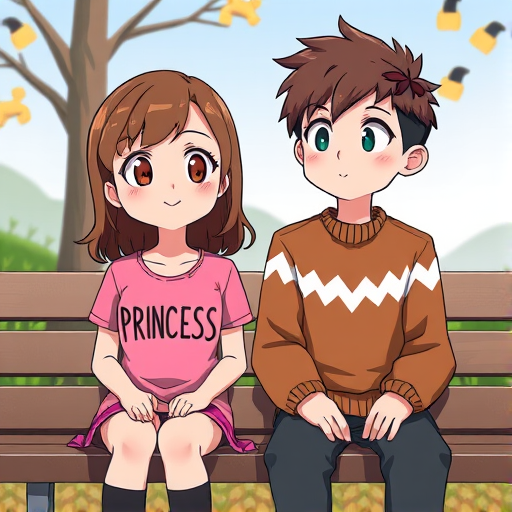 create an illustrated scene of two cartoon characters sitting on a bench, one wearing a pink "PRINCESS" shirt with brown hair and the other wearing a brown sweater with zigzag patterns and short hair, using a high-resolution digital art style, shot with a 50mm lens at f/2.8, in bright daylight for vibrant colors and clear details.