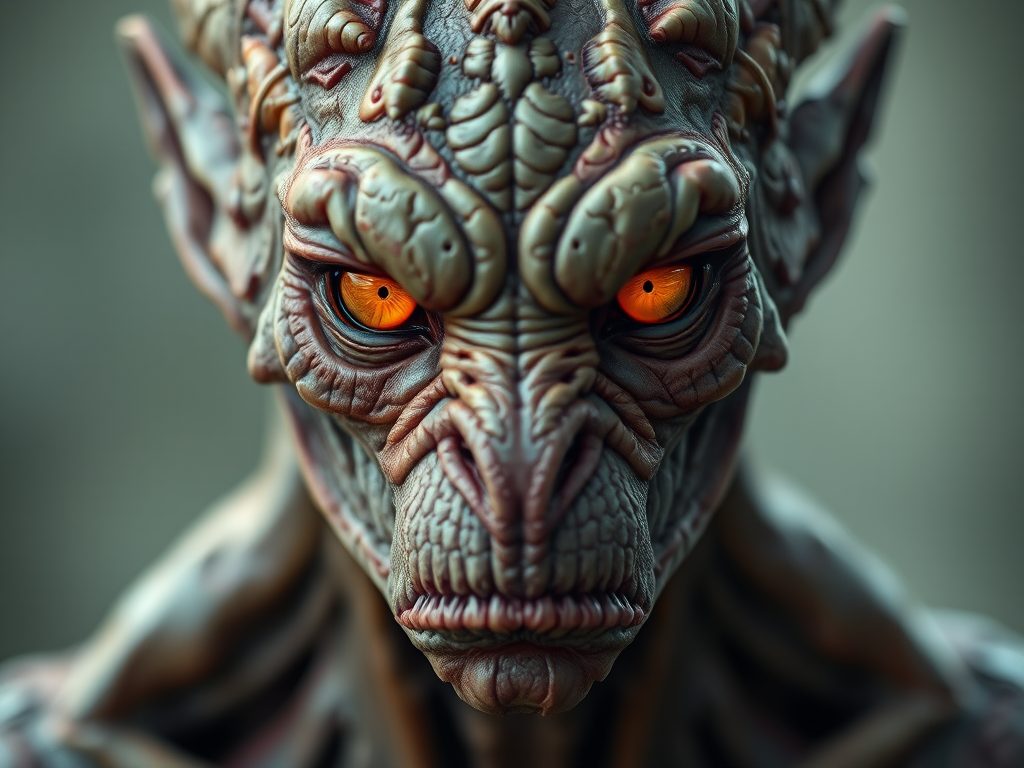 Create a hyper-realistic portrait of a mythical creature with intricate skin texture and glowing orange eyes, using a Canon EOS R5 with a 85mm lens at f/1.2, ISO 100, and a shutter speed of 1/200s, shot in soft diffused natural light from the front to highlight facial details.