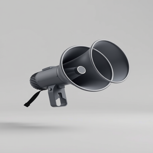 Create a high-quality 3D render of a megaphone on a plain gray background, using a Canon EOS R5 camera, 50mm lens at f/2.8, 1/125 sec shutter speed, with soft lighting and a slight angle to showcase details.