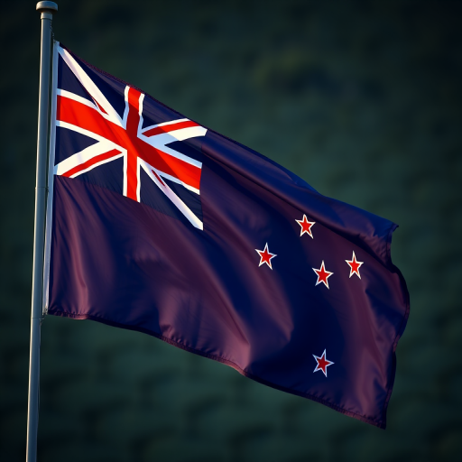 Create a high-resolution image of the New Zealand flag waving in the wind, captured with a Canon EOS R5 at 50mm, f/2.8, ISO 100, using a soft-focus background for enhanced clarity and detail.