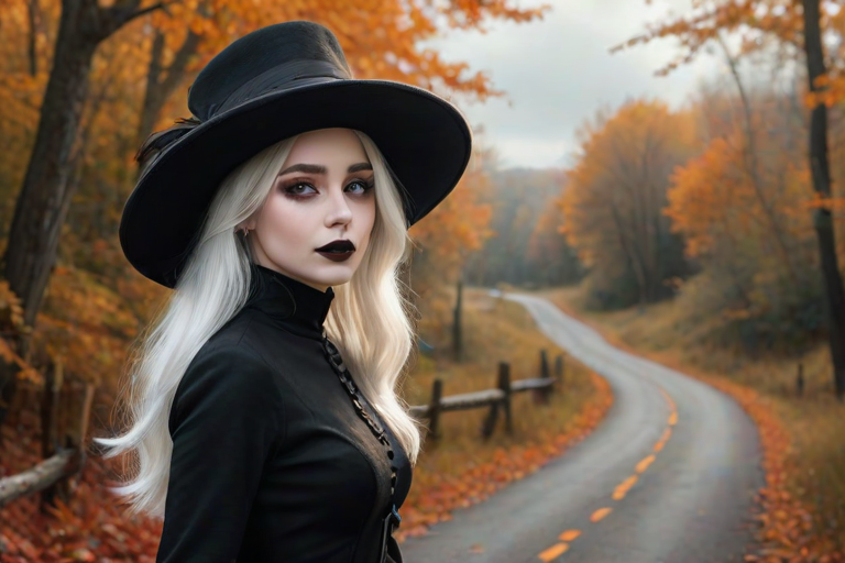 digital art fantasy depicting a strange girl with white hair, long eyelashes, black lipstick and a tall hat walking along a winding road on an autumn afternoon, an Rat smiles as she passes