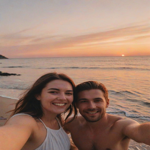 Blurry candid shot of a couple taking a selfie during a sunset at the beach, soft light reflecting on the water and a beautiful sunset creating a romantic backdrop.