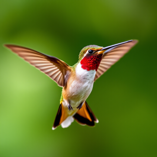 hummingbird in mid-flight, high-speed photography, sharp focus, f-stop 2.8, ISO 400, shutter speed 1/2000 sec, 85mm lens, natural light, shallow depth of field, capturing vibrant colors and details of feathers