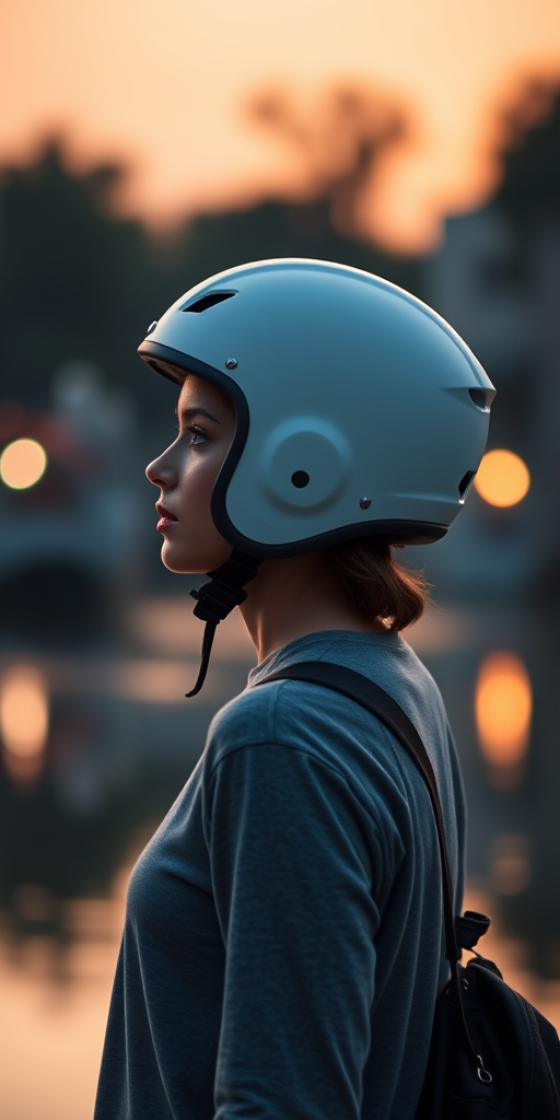 Create a profile portrait of a person wearing a white helmet, standing by a tranquil river at sunset, with soft bokeh lights in the background, captured using a DSLR camera at f/1.8, ISO 200, 50mm lens, in natural light.