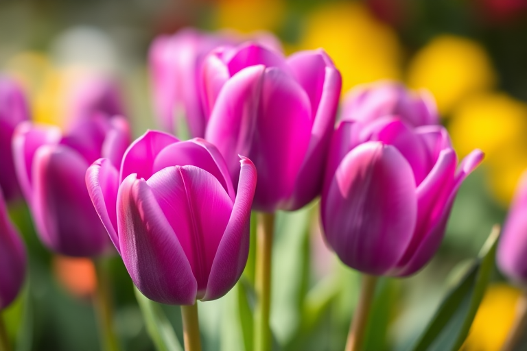 photograph of vibrant purple tulips with soft green leaves in a blurred background, macro focus, f/2.8 aperture, 50mm lens, ISO 100, natural light, shallow depth of field