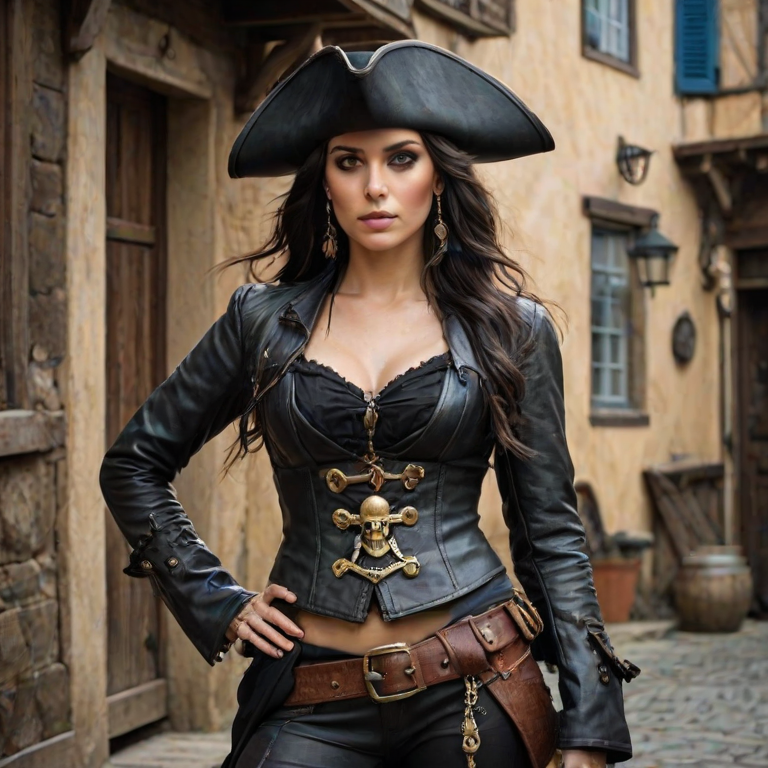 Create a portrait of a fierce female pirate. She wears a leather tricorn hat adorned with a skull and crossbones emblem, and her long, dark hair flows around her face. Her outfit consists of a richly detailed leather jacket, a corset, and multiple layers of belts and accessories, giving her a formidable and stylish appearance. She stands confidently in a dimly lit, historic port town, with a backdrop of weathered buildings and cobblestone streets, capturing the adventurous spirit of a pirate.