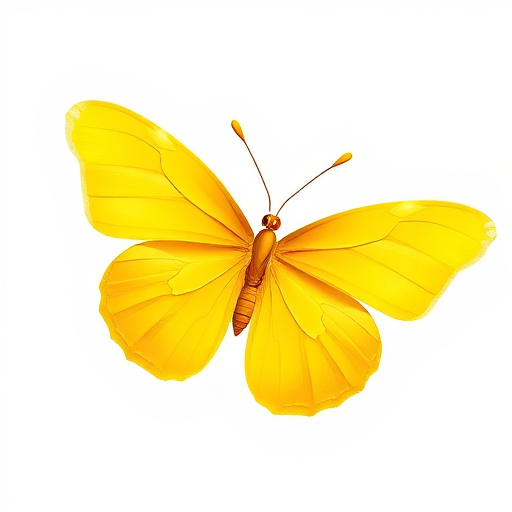 Generate an image of a bright yellow butterfly with smooth, shiny wings. The butterfly should have a simple and clean design, emphasizing its vibrant color and elegant shape. The wings should be slightly raised to give a sense of movement, and the body should be small and delicate.