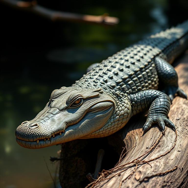 Create a hyper-realistic image of a crocodile resting on a log, using a DSLR camera with a 50mm lens, aperture f/2.8, ISO 100, and a shallow depth of field, shot in natural light from a low angle to emphasize texture and detail.