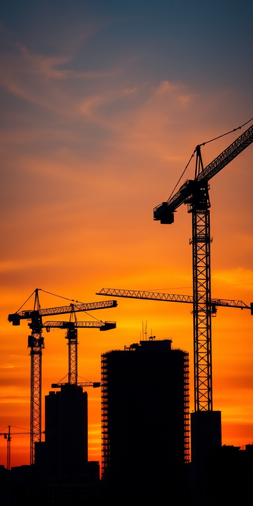 silhouette of cranes and construction buildings at sunset, vibrant orange and blue sky, high dynamic range, aperture f/8, ISO 100, shutter speed 1/250s, wide-angle lens, digital SLR camera