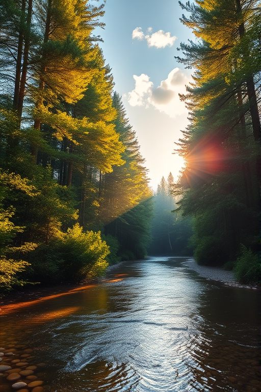 Create an image of a serene, sunlit forest scene with a clear, gently flowing river. Tall trees with lush green foliage line both sides of the river, their leaves bathed in the warm golden light of the setting or rising sun. The sunlight filters through the trees, casting soft, dappled light on the river, which flows over smooth rocks and pebbles, creating a peaceful, natural atmosphere. The sky is bright with a few scattered clouds, and the overall mood is tranquil, evoking a deep sense of connection with nature. The image captures the beauty of a calm, pristine forest landscape at either dawn or dusk.