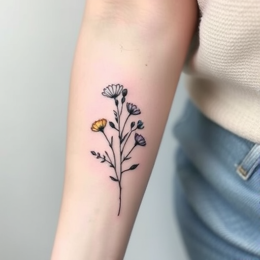 Fine line botanical tattoo of a delicate wildflower bouquet on the inner forearm, with ultra-thin lines and soft, muted color accents