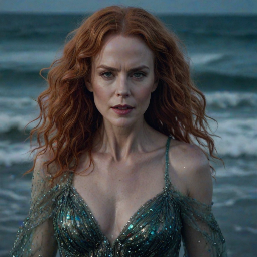 Bewitching image of Nicole Kidman, Big Little Lies star, with her porcelain skin and cascading red curls, emerging from misty waves in a sheer, iridescent gown, on a moonlit beach dotted with bioluminescent algae