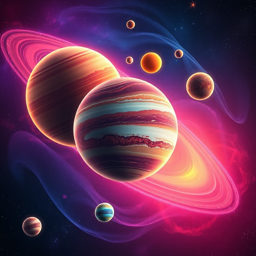 Create a vibrant digital illustration of a colorful solar system with planets of varied sizes and colors, swirling galaxy background, use a Canon EOS R5, aperture f/4, ISO 100, focal length 50mm, top-down view, and vibrant color-grading style for enhanced image quality.