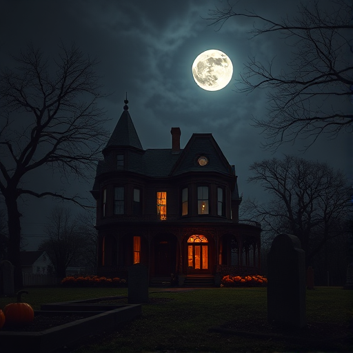 Create a spooky scene of a haunted Victorian house at night with a full moon illuminating the sky, surrounded by barren trees, pumpkin patches, and gravestones, using a DSLR camera with a 24mm lens, aperture f/2.8, ISO 400, long exposure for dramatic lighting, and a low angle view to emphasize the eerie atmosphere.