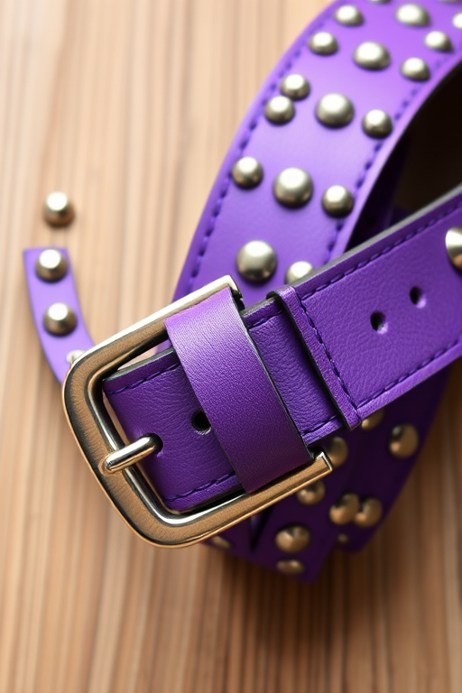 Create a high-resolution digital illustration of a stylish purple belt with silver studs and a shiny buckle, focus on a top-down view, using a DSLR camera with a 50mm lens, aperture f/2.8, ISO 100, and soft natural lighting for enhanced detail and texture.