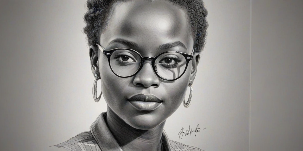 Wonderful Lupita Nyong'o, pencil sketch, portrait of Graceful woman 1951s in glasses, hair style beatnik, outline, clear lines, fine lines, 8k