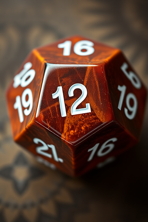Create a detailed image of a twelve-sided die (dodecahedron) with a glossy brown finish and white numbers displayed clearly, shot with a Canon EOS 5D Mark IV at f/8 aperture, ISO 100, 50mm lens, with a top-down view and soft lighting to enhance the texture and details.
