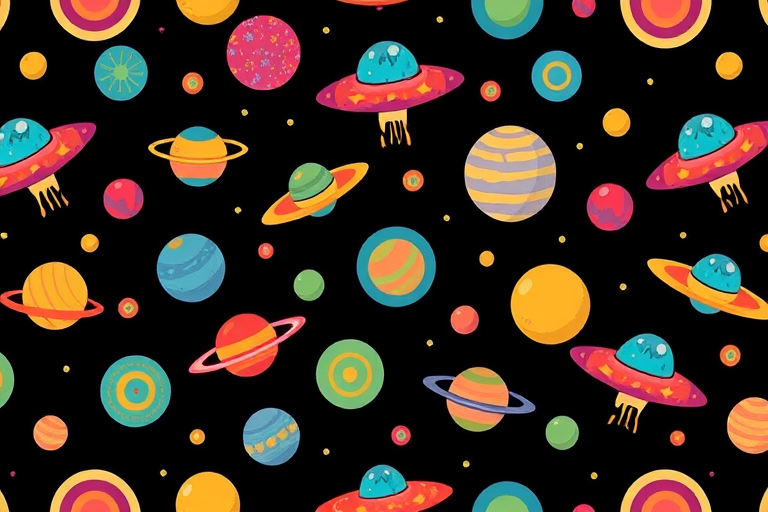 create a whimsical pattern featuring colorful flying saucers and planets on a black background, high-resolution, 50mm lens, f/2.8 aperture, ISO 100, shot from an overhead view, digital art style
