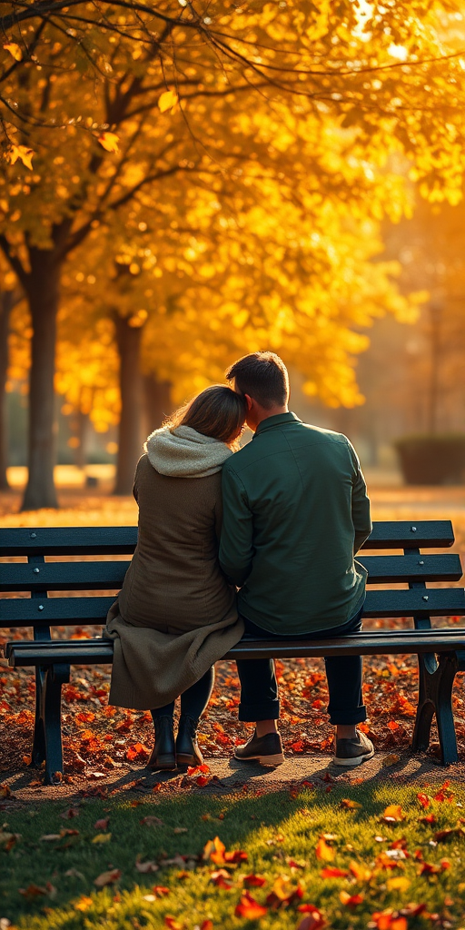 Warmly lit image of a couple sharing a quiet moment on a park bench, surrounded by falling autumn leaves, with a gentle breeze blowing through the colorful foliage.