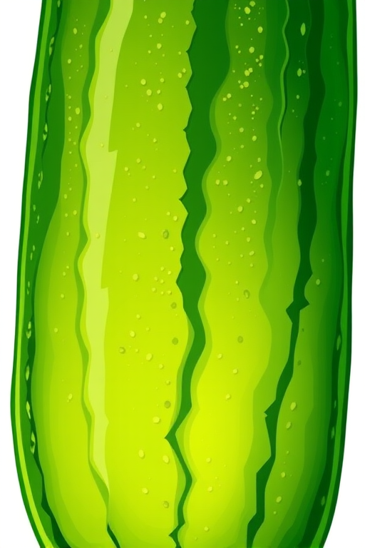 Generate a vibrant and detailed illustration of a green cucumber with a wavy texture, in high resolution, using a DSLR camera at f/2.8 aperture, ISO 200, and a 50mm lens, side view to enhance depth and focus on the contours.
