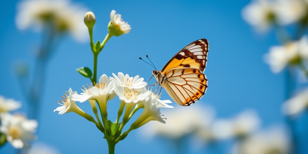 Close-up of white flowering plant with a butterfly perched on it, bright blue sky in the background, use a DSLR camera, f/2.8 aperture, 1/1000 shutter speed, ISO 200, macro lens, shallow depth of field for enhanced focus on the details of the flower.