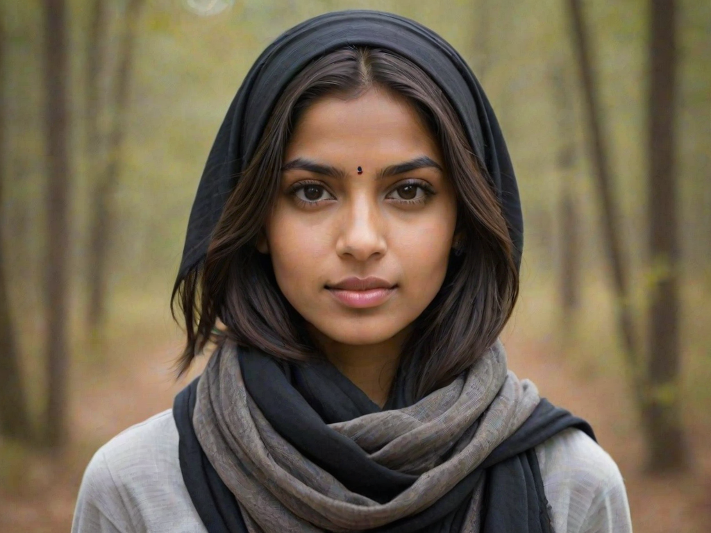 Create a portrait of a young Indian woman with long, dark hair and captivating hazel eyes. She is wearing a black headscarf and a matching scarf draped gracefully around her neck. The background is softly blurred, focusing attention on her serene and natural expression. The overall color palette is muted and warm, enhancing the intimate and authentic feel of the portrait.