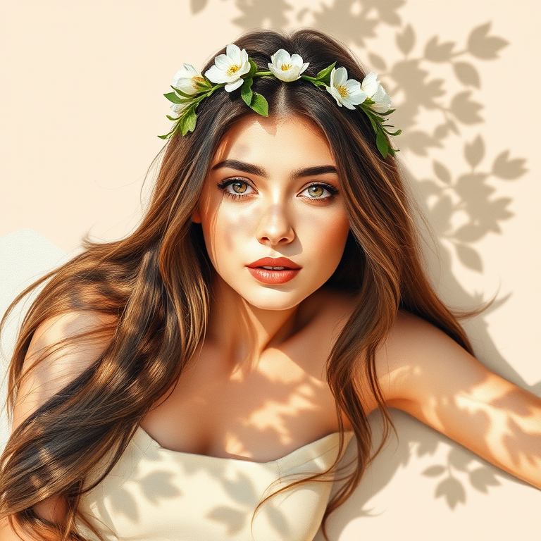 create a watercolor painting of an ethereal portrait of beautiful Kurdish woman with a simple white flower crown on her head. Her hair is long and she is lying on the ground. The sunlight on the trees casts shadows from the leaves on her face and body. The background is a neutral brown color that matches her skin tone. The image is minimalist and solid colors. This style is characterized by soft, delicate brushstrokes and a light, airy, contrasting color palette. High level of detail and play of light
