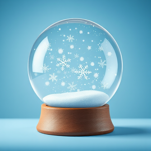 Create an illustration of a snow globe with a clear glass dome and wooden base, featuring swirling white snowflakes against a soft blue background, captured with a 50mm lens, f/2.8 aperture, ISO 100, in a studio lighting setup.