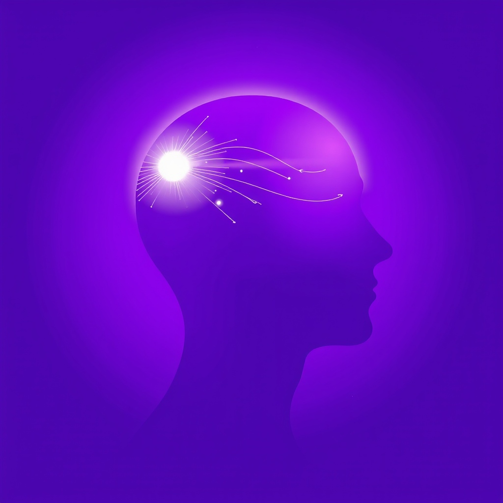 Create a vibrant illustration of a side profile of a human head in solid purple with a glowing white light emanating from the top, incorporating lines indicating energy flow, using a DSLR camera with a 50mm lens at f/1.8, ISO 100, 1/200s shutter speed, in high resolution with a shallow depth of field and dramatic lighting.