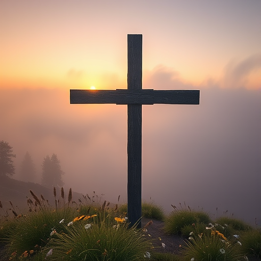 Create an ethereal landscape featuring a large wooden cross at dawn, surrounded by fog and wildflowers, with a DSLR camera, 24mm lens, f/11 aperture, ISO 100, long exposure to capture soft light, and a slight golden hour glow.