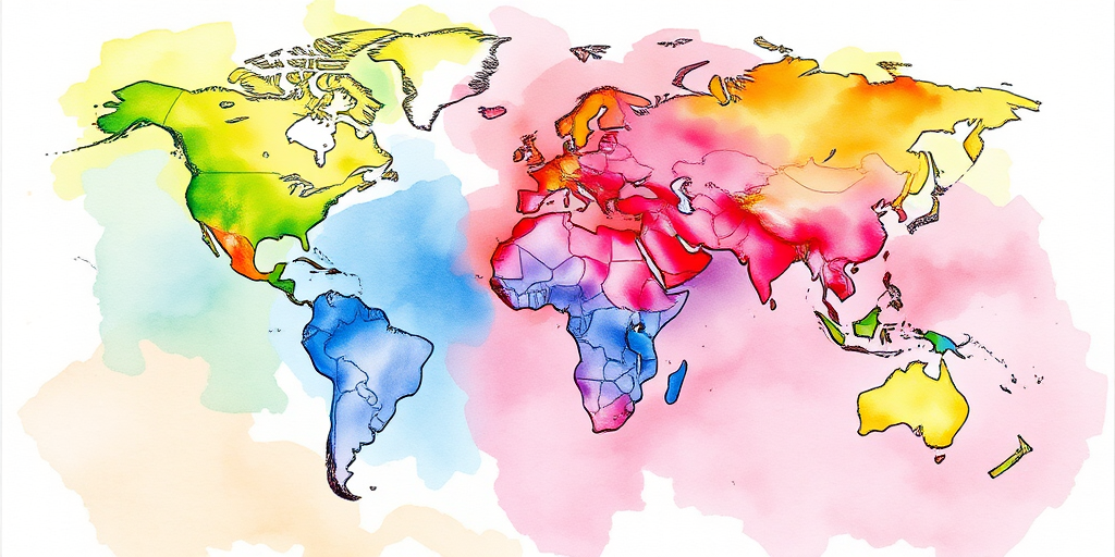 Create a vibrant watercolor world map with bold colors and soft transitions, captured with a DSLR camera, 50mm lens, f/1.8 aperture, ISO 100, natural lighting, top-down view, high-resolution.