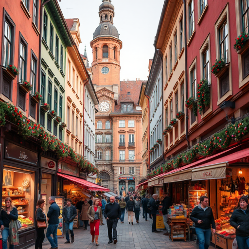 regenerate the image of a vibrant marketplace in a historic town square with colorful buildings, festive decorations, and people shopping and enjoying the atmosphere, shot with a wide-angle lens at f/8, ISO 200, 1/250 sec, daylight, using a DSLR camera for enhanced clarity and detail