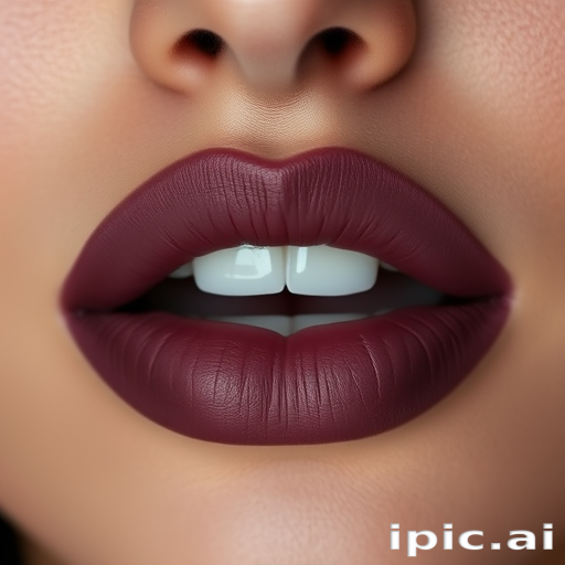 Sultry matte mauve lips with a velvety appearance, slightly parted to reveal a hint of teeth, exuding elegance and sophistication